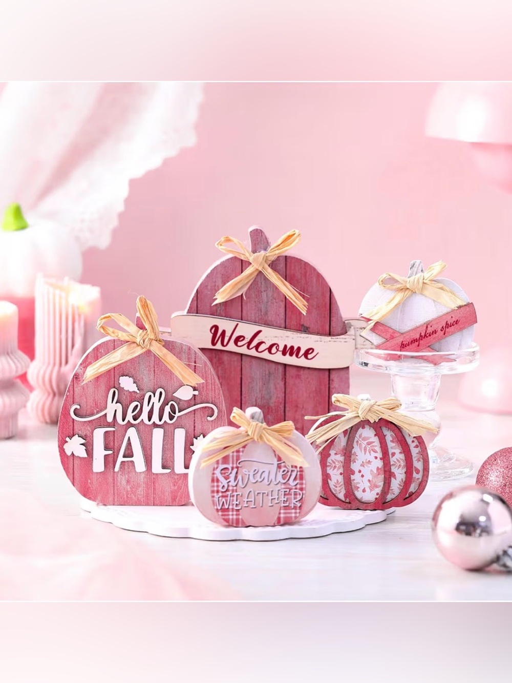 Autumn Pink Pumpkin Table/Tiered Tray Decor - 5 Pc Set - Picture 4 of 4